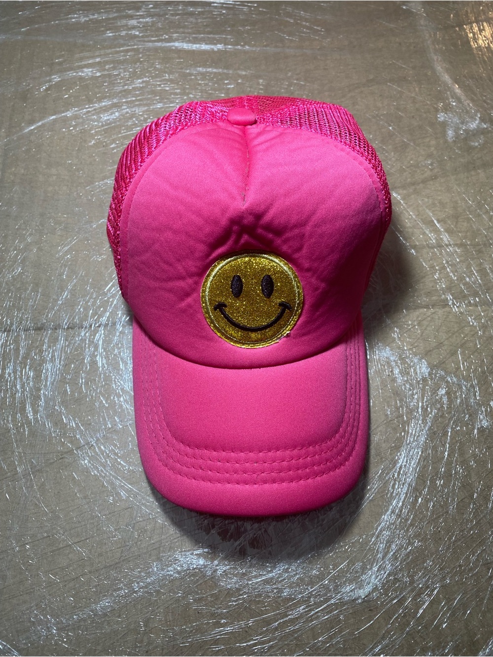 bycynse Pink Mesh Back Trucker Hat Embroidered Smiley Face Patch Adjustable